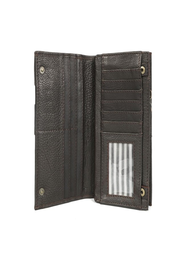 Celtic Genuine Leather Long Clutch Wallet with Snap Closure & Wrist Strap - Brown - Image 4